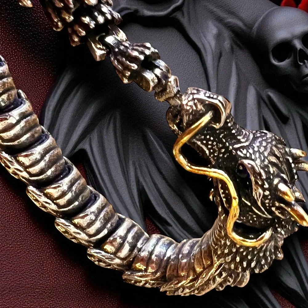 Bold Silver and Brass Toned Ouroboros Blue Eyed Dragon Bracelet 8.5”